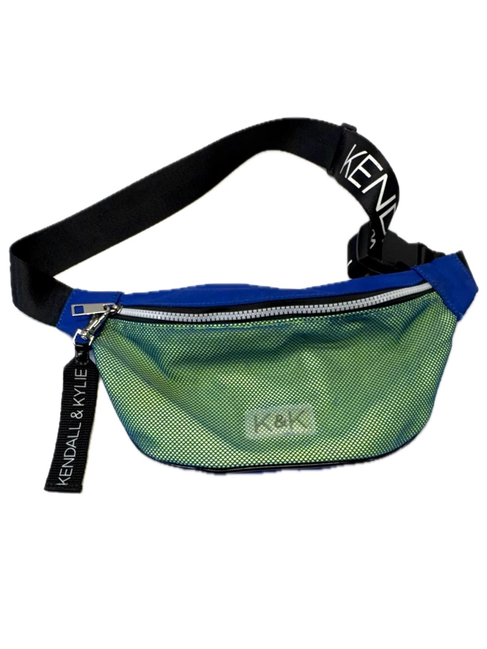 Kendall & Kylie Green Iridescent Mesh Crossbody with Blue Trim and Black Strap